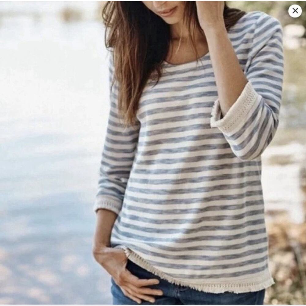 J. Jill Tunic Shirt S White Blue Lagenlook Fringe Hem Stripe Coastal 100% Cotton - Picture 2 of 11